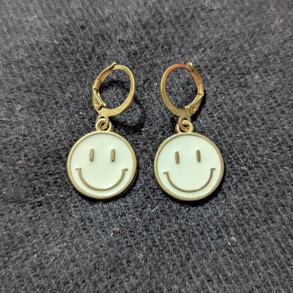 Gold Tone White Enamel Smiley Face Dangle Statement Earrings
